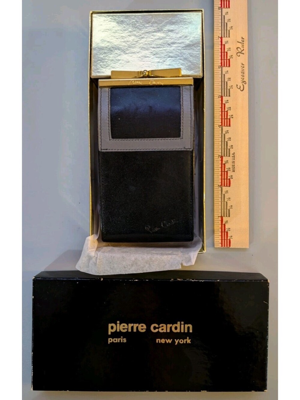 Vintage Pierre Cardin Paris New York Women's Black and Light Blue/Grey Leather '